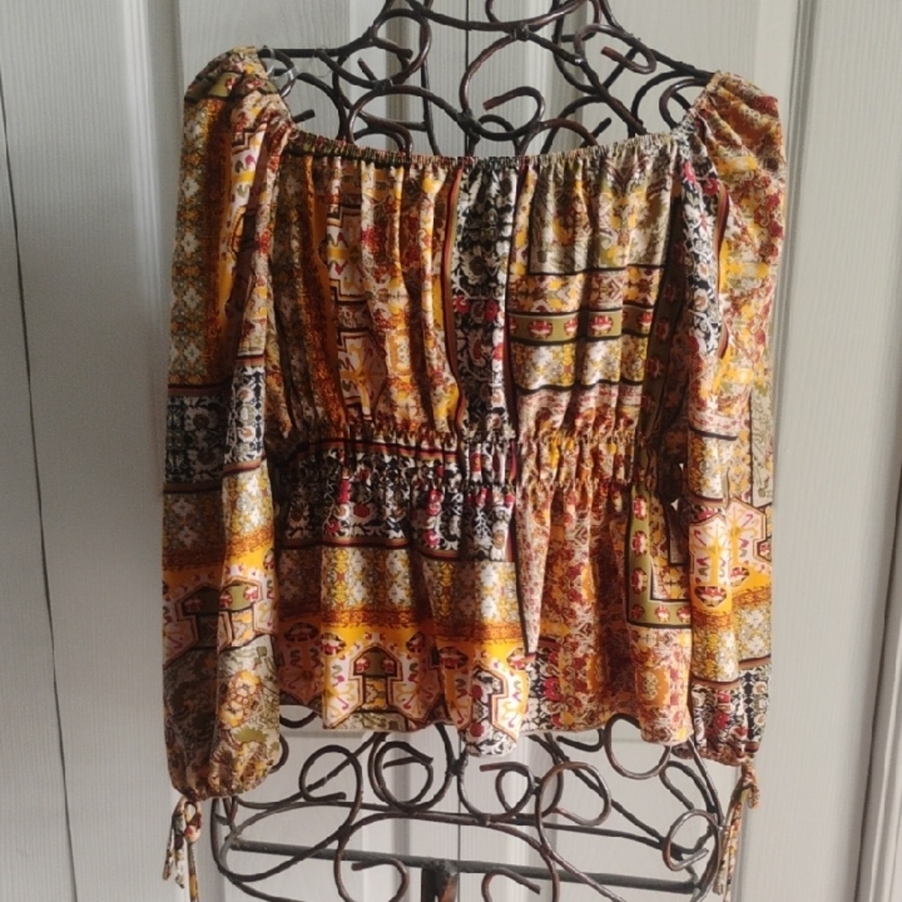 Orange and Brown Smocked Tie Front Blouse